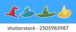 Collection of witch or wizard hat with flat style. Isolated on blue background. Vector illustration.