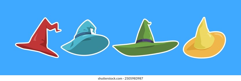 Collection of witch or wizard hat with flat style. Isolated on blue background. Vector illustration.