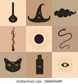 Collection of Witchcraft Elements and Icons Illustration in Vector.