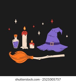 Coleção de elementos de feitiçaria. Chapéu de bruxa, poção, velas, vassoura, estrelas. Desenho mágico de Halloween. Noite de outubro, itens esotéricos. Ilustração de vetor desenhado à mão plana