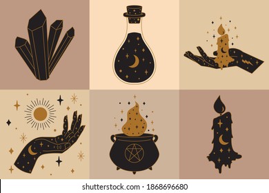 Collection of Witchcraft Icons and Symbols with Cauldron, Candle, Hand and Potion Illustration.