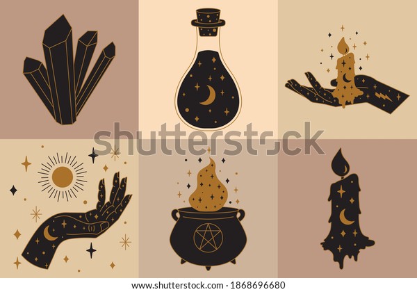 Collection of Witchcraft Icons and\
Symbols with Cauldron, Candle, Hand and Potion\
Illustration.