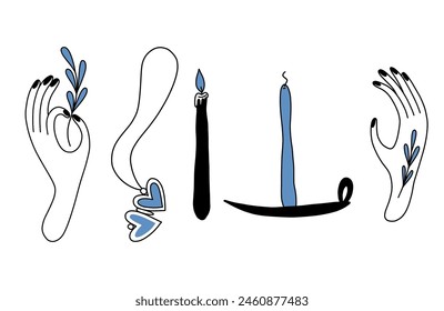 Collection of witchcraft icons and symbols of hand, candle, pendant, twig. Mystical esoteric tattoo design. Hand drawn in boho style occult spiritual elements isolated