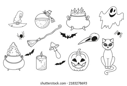 Collection of witchcraft and scary items - witch hat, cauldron, broom, black cat, spiders, ghost, bat, pumpkin, bird skull, mushroom, magic potion. Vector illustration for Halloween