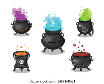 Collection of witches cauldron. Concept cartoon witches cauldron in different . Halloween elements set. Vector clipart illustration isolated on white background