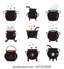 Collection of witches cauldrons with boiling liquid. Halloween decorations and stickers. Vector illustration