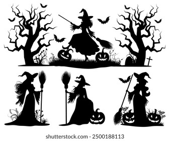 Collection of the Witches in four actions silhouette graphic design for decoration.