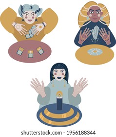 Collection of witches making magic with magic stuff isolated on white. Flat vector with female witches. Flame, crystal and tarot cards. Esoteric illustration.