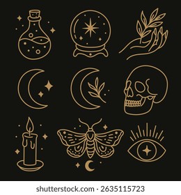Una colección de brujas y magos en el estilo boho con Imágenes de una mariposa, una mano, un dios con cuernos, una cara, una bola de cristal, la luna, una vela.