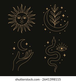 A collection of witches and wizards in the boho style with images of a butterfly, a hand, a horned god, a face, a crystal ball, the moon, a candle.