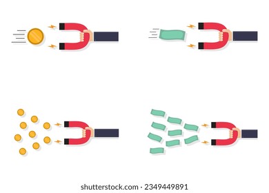 Collection of withdraw money vector illustration, hand holding magnet to attract money
