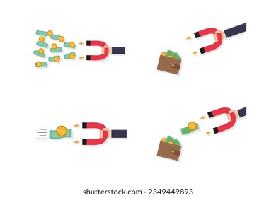 Collection of withdraw money vector illustration, hand holding magnet to attract money