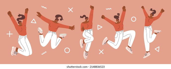 Colección con mujeres saltantes felices. Chica positiva alegre saltando al aire. Energía, vida activa. Resumen de elementos decorativos. Aislado. Estilo plano en ilustración vectorial.