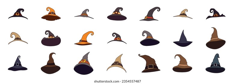 Collection of wizard hats. Witch hat isolated on white background colored outline. Halloween hat doodle style. Vector illustration.
