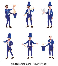 Collection of wizards. Mages with doves, playing cards, magic winds and hats. Isolated over white background. Cartoon style. Vector illustration eps 10