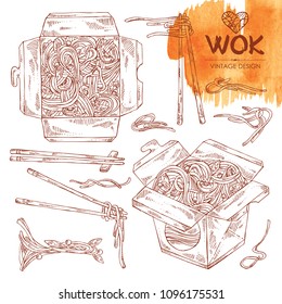 Collection of wok: chinese noodles, wok box and chopsticks with noodles. Vector hand drawn illustration