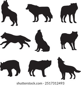 Collection of wolf animal silhouettes vector 