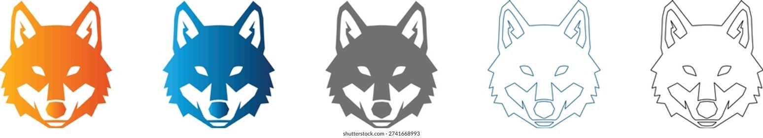 Collection of wolf head icons in various styles, solid black and colorful, vector, isolated on white background, flat icon design.