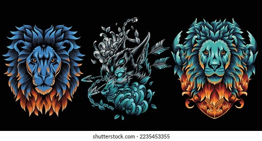 Collection of wolf and lion head in neon color style