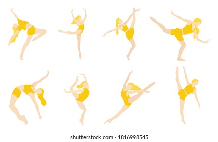 Collection of woman dancing poses. Healthy lifestyle and slim fitness workout on white background - Vector