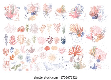 Collection Of Woman Face Portrait, Underwater World, Seaweed And Marine Animals Elements. Minimalistic Objects One Linestyle. Editable Vector Illustration.