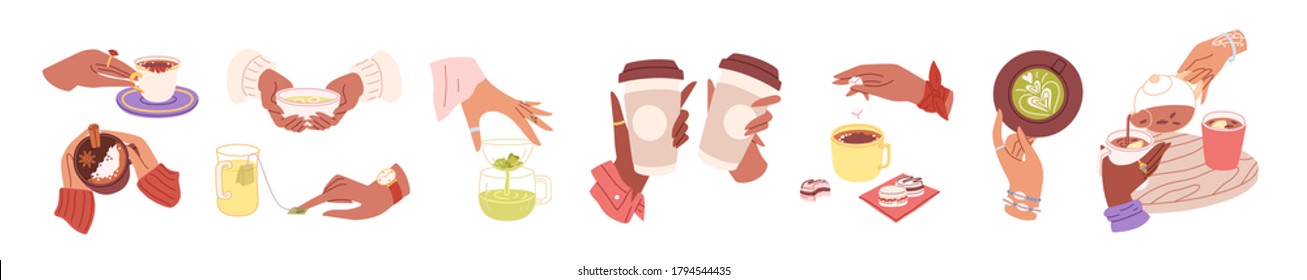 Collection of woman hands holding hot drinks and beverage. Brewing or pouring green and black or matcha tea, cacao, espresso coffee with sugar. Flat vector cartoon illustration isolated on white.