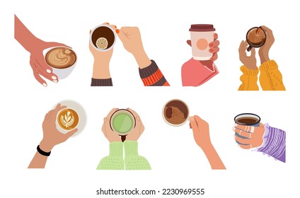 Collection of woman and man hands holding hot drinks and beverage. Brewing or pouring tea, cacao, espresso coffee, cappuccino. Flat vector cartoon illustration isolated on white background.