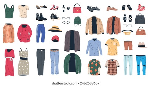 Colección de Mujer y Hombre Armario. Conjunto de ropa y accesorios femeninos y masculinos. Varias prendas de vestir para niñas y niños. Chaqueta, Zapatos, Camisa, Pantalones, Relojes, Gafas, Sombrero. Ilustración vectorial plana