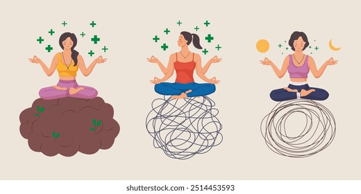 Collection of woman meditate with positive thoughts. Concept illustration for yoga, meditation, relax, recreation, healthy lifestyle. Vector illustration in flat cartoon style