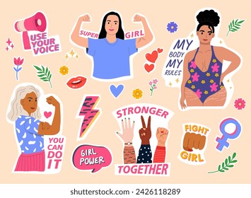 Collection of woman, ornament and inspirational quotes for international women's day illustration