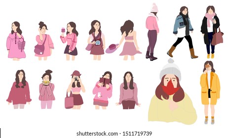 Collection of woman people characters set style with background pink and yellow tone, autumn season, for banner, infographic, design for ui, ux, website or publisher, flat vector, easy to adjust.