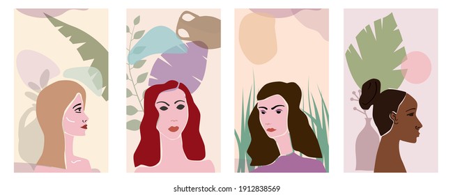 Collection Woman portraites minimal abstract contemporary style. Female faces flora leaves shapes vase silhouette background trendy modern art concept. Poster vector template social media stories