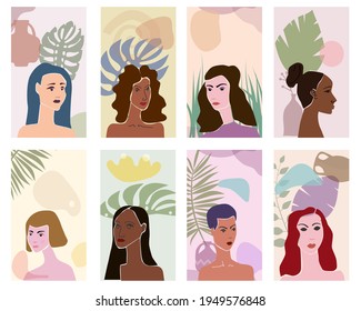 Collection Woman portraites minimal abstract contemporary style. Female faces flora leaves shapes vase silhouette background trendy modern art concept. Poster vector template social media stories