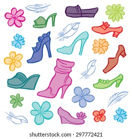 Collection of woman shoes hand drawn - vector set of sketch shoes