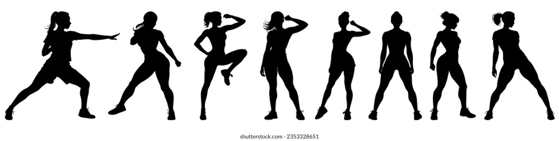 Collection of woman silhouette in dynamic pose fitness exercise workout studio isolated