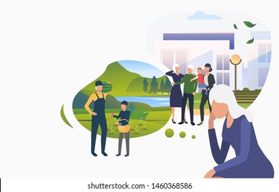 Collection of woman thinking about family. Female cartoon character and her memories about school and gardening with kid. Flat colorful vector illustration for presentation, article, club, website