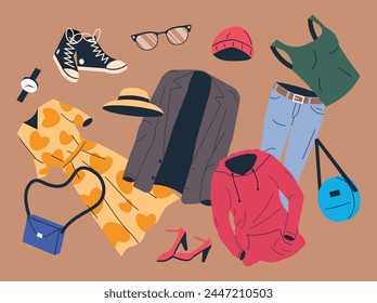 Collection of Woman Wardrobe. Set of Female Clothes and Accessories Icons. Various Girl Clothing. Jacket, Shoes, Shirt, Pants, Watches, Eyeglasses, Hat. Cartoon Flat Vector Illustration