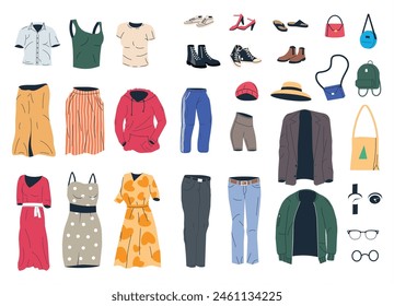 Collection of Woman Wardrobe. Set of Female Clothes and Accessories Icons. Various Girl Clothing. Jacket, Shoes, Shirt, Pants, Watches, Eyeglasses, Hat. Cartoon Flat Vector Illustration