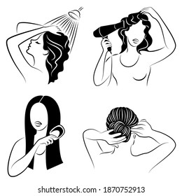 Collection. The woman washes her hair in the shower. Lady blow-drying her hair and combing with a comb. The girl does her hair. Set of vector illustrations.