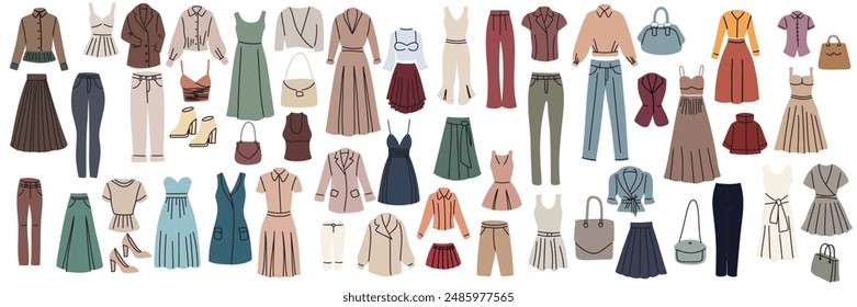 Colección de ropa de mujer en estilo plano. Arte vectorial dibujado a mano