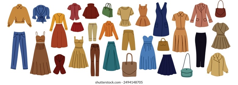 Collection of woman's clothes in flat style. Hand drawn vector art.