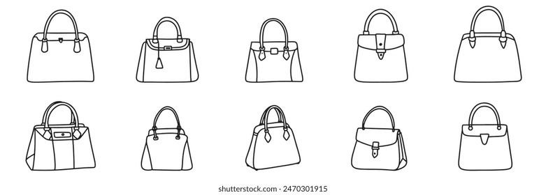 Collection of woman's fashion bag in doodle style. Hand drawn vector art.