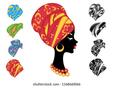 Collection. Woman's headdress, turban. Bright knitted color scarf. The girl is beautiful and stylish. Set of vector illustrations.