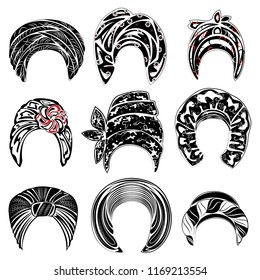 Collection. Woman's headdress, turban. Bright knitted color scarf. Clothes are beautiful and stylish. Graphic image. Set of vector illustrations.