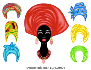 Collection. Woman's headdress, turban. Bright knitted scarf. Clothes are beautiful and stylish. Graphic image. Set of vector illustrations.