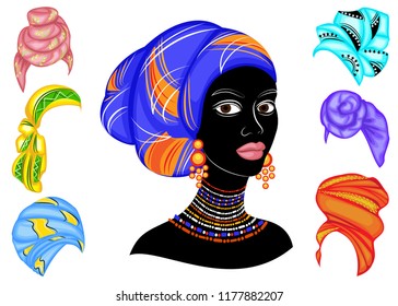 Collection. Woman's headdress, turban. Bright knitted color scarf. Clothes are beautiful and stylish. Set of vector illustrations.