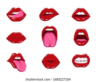 Collection of woman's lips expressed differernt emotions. Isolated on white. Vector illustration.