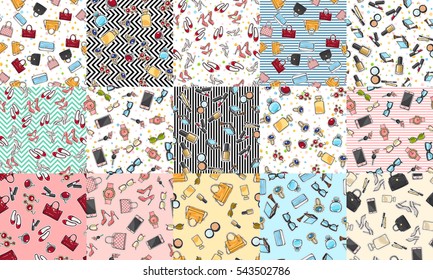 Collection of women accessories. Big set of fashion objects seamless pattern. Endless texture. Vector