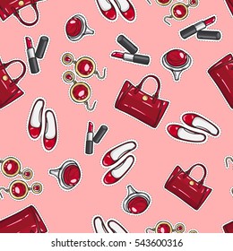Collection of women accessories. Red sack, lipstick, fashionable jewelry, ring, earrings with diamond, stylish shoes. Endless texture. Seamless pattern. Striped background. Fabric. Vector