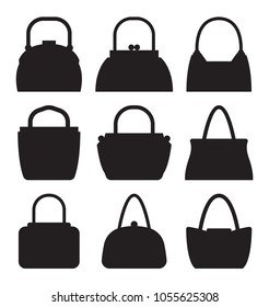 Collection of women bags stylish accessories for females vector isolated on white. Leather handbags, bags with handles and locks black silhouettes